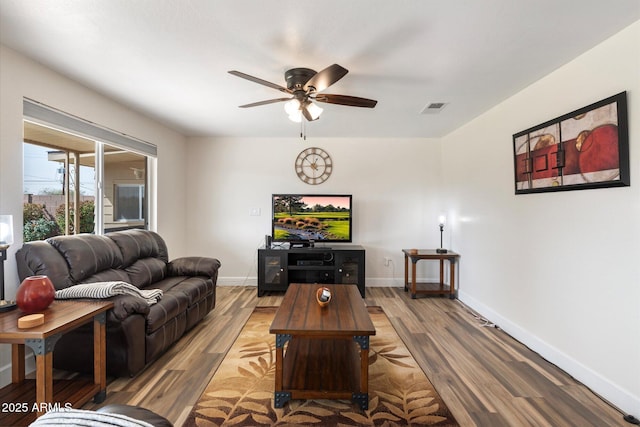 11421 W Lakeshore Dr, Youngtown, AZ 85363 - living room with a ceiling fan, wood finished floors, baseboards, and visible vents