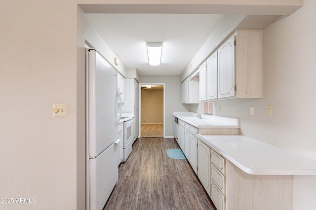 kitchen featuring light countertops, wood finished floors, white cabinets, white appliances, and a sink