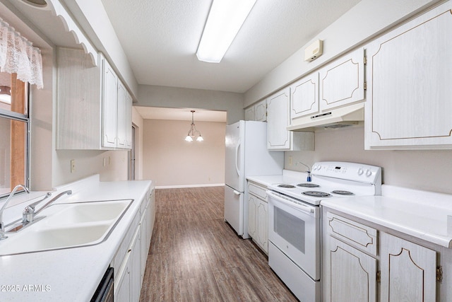 kitchen featuring under cabinet range hood, a sink, wood finished floors, white appliances, and white cabinets