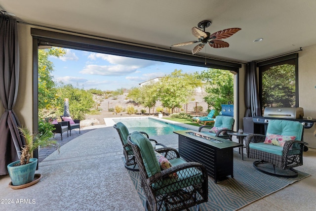 view of patio / terrace featuring a fenced in pool, ceiling fan, outdoor lounge area, and area for grilling