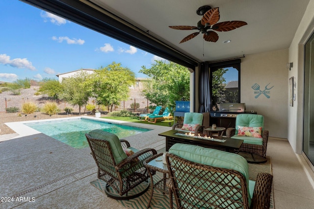 exterior space with a grill, outdoor lounge area, ceiling fan, and a patio area