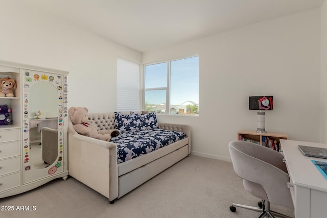 bedroom with light carpet