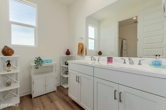 bathroom featuring hardwood / wood-style flooring, plenty of natural light, and vanity