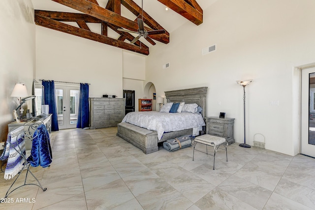 bedroom featuring arched walkways, visible vents, beamed ceiling, and french doors