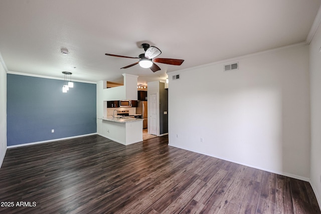5401 E Van Buren St Unit 2095, Phoenix, AZ 85008 - unfurnished living room featuring ceiling fan, dark wood-type flooring, ornamental molding, and visible vents