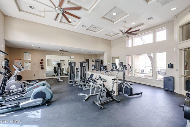 5401 E Van Buren St Unit 2095, Phoenix, AZ 85008 - workout area featuring ceiling fan, visible vents, baseboards, and coffered ceiling