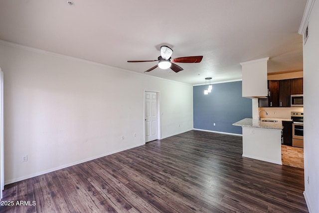 5401 E Van Buren St Unit 2095, Phoenix, AZ 85008 - unfurnished living room featuring baseboards, a ceiling fan, ornamental molding, dark wood-style flooring, and a sink