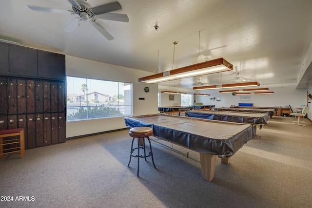 rec room featuring ceiling fan, vaulted ceiling, billiards, and carpet floors