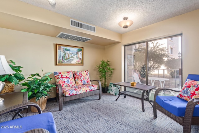 living area with a textured ceiling and carpet floors