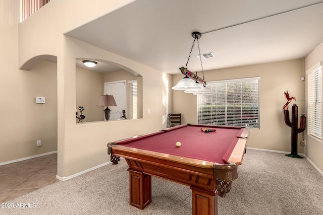 game room with light carpet, baseboards, visible vents, arched walkways, and pool table