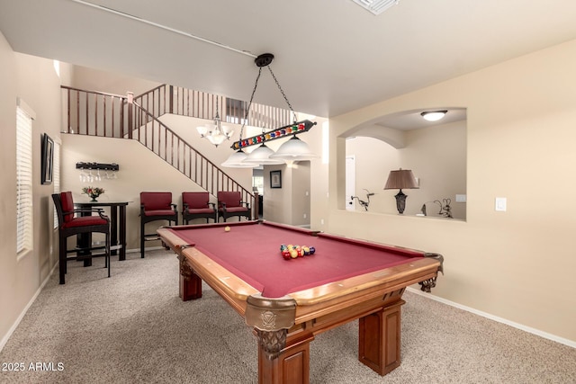 rec room featuring carpet floors, billiards, and baseboards