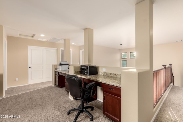 home office featuring light carpet, visible vents, and recessed lighting