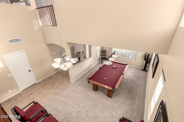 recreation room featuring visible vents, a high ceiling, tile patterned flooring, billiards, and baseboards