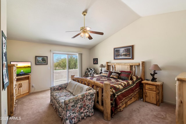 4002 N San Gabriel Cir, Mesa, AZ 85215 - bedroom featuring access to exterior, vaulted ceiling, light carpet, and a ceiling fan