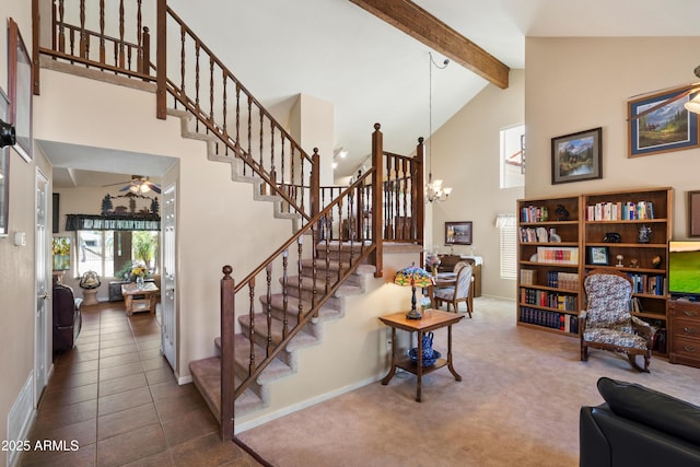 4002 N San Gabriel Cir, Mesa, AZ 85215 - stairs with high vaulted ceiling, beamed ceiling, a chandelier, carpet flooring, and ceiling fan