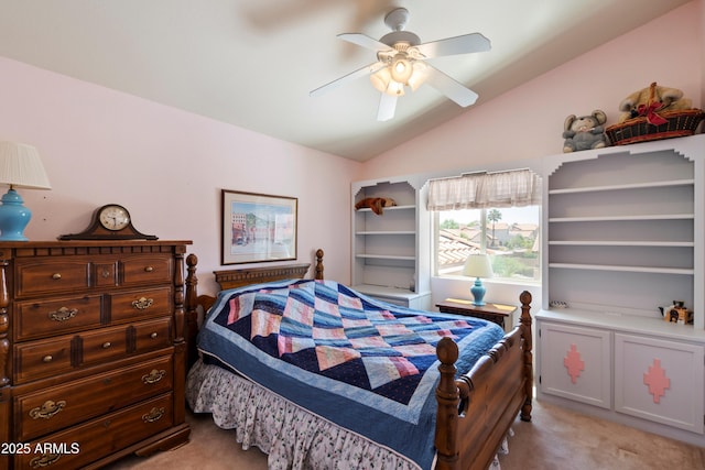 4002 N San Gabriel Cir, Mesa, AZ 85215 - bedroom with light colored carpet, lofted ceiling, and ceiling fan