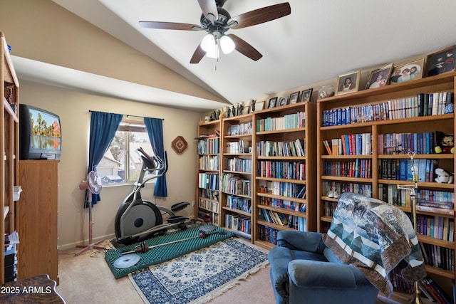 4002 N San Gabriel Cir, Mesa, AZ 85215 - sitting room with lofted ceiling, a ceiling fan, carpet, and bookshelves