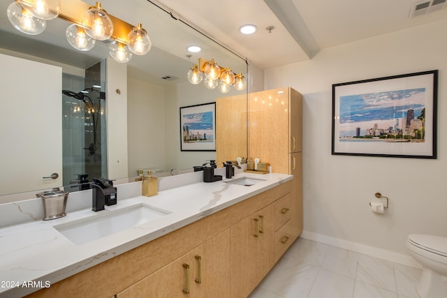 bathroom featuring vanity, toilet, and walk in shower