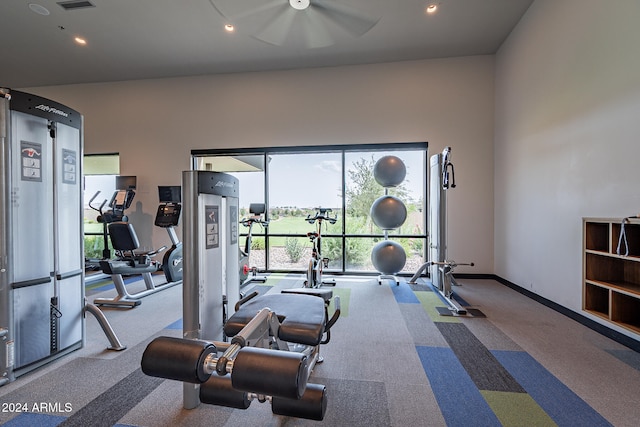 exercise room with carpet flooring