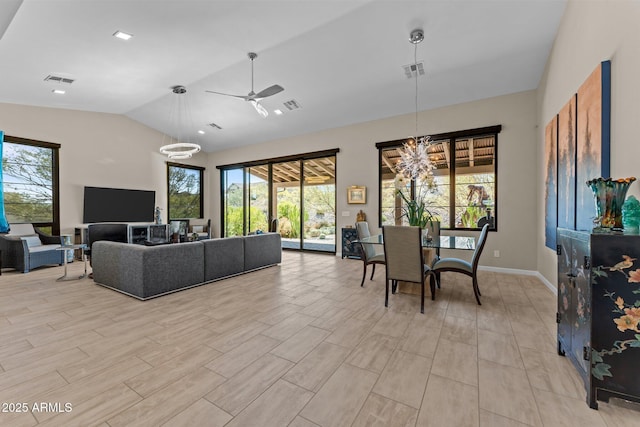 4093 Miners Gulch Way, Wickenburg, AZ 85390 - living area with ceiling fan with notable chandelier, visible vents, and lofted ceiling