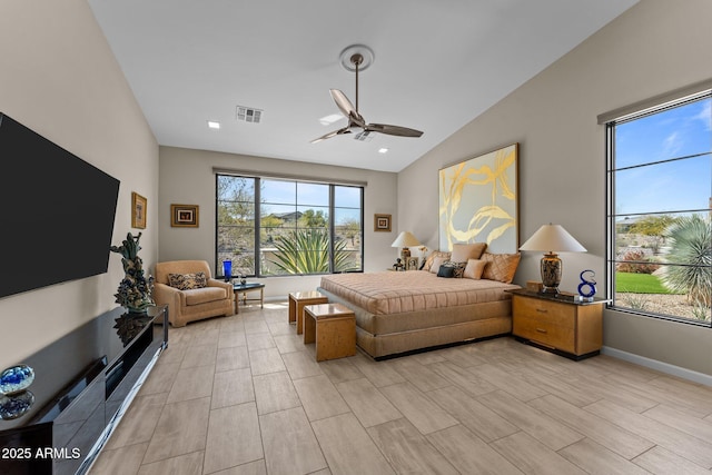 4093 Miners Gulch Way, Wickenburg, AZ 85390 - bedroom with vaulted ceiling, baseboards, visible vents, a ceiling fan, and wood tiled floor