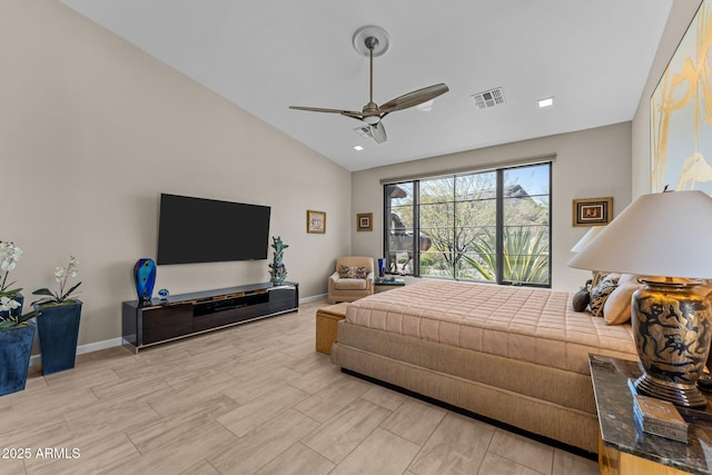 4093 Miners Gulch Way, Wickenburg, AZ 85390 - bedroom with baseboards, visible vents, vaulted ceiling, and light wood finished floors