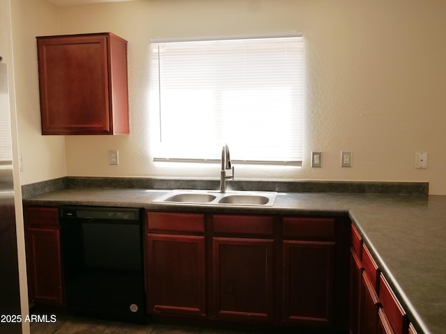43241 W Kristal Ln, Maricopa, AZ 85138 - kitchen featuring black dishwasher, a sink, dark brown cabinets, dark countertops, and healthy amount of natural light