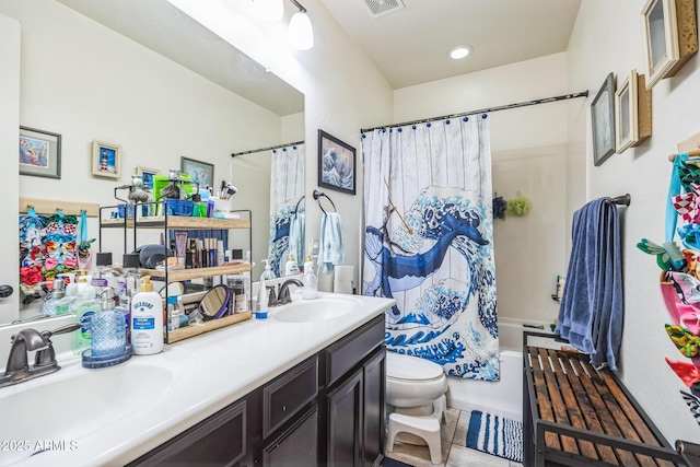 full bathroom with vanity, shower / bathtub combination with curtain, and toilet