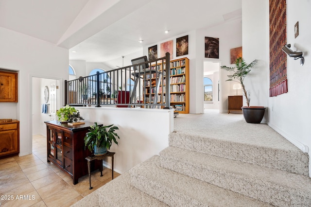 128 N French Dr, Prescott, AZ 86303 - staircase featuring baseboards, recessed lighting, lofted ceiling, and carpet floors