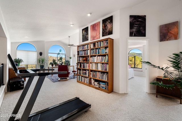 128 N French Dr, Prescott, AZ 86303 - exercise area with carpet flooring, a ceiling fan, healthy amount of natural light, and vaulted ceiling