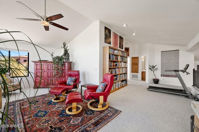 128 N French Dr, Prescott, AZ 86303 - living area with vaulted ceiling, carpet flooring, ceiling fan, and recessed lighting
