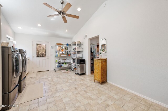 128 N French Dr, Prescott, AZ 86303 - clothes washing area featuring separate washer and dryer, ceiling fan, recessed lighting, and baseboards
