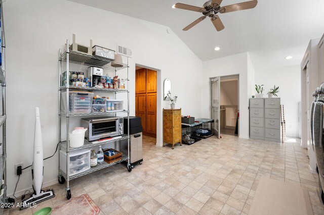 128 N French Dr, Prescott, AZ 86303 - home office featuring a ceiling fan, lofted ceiling, and recessed lighting