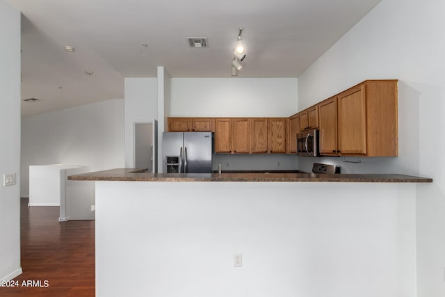 kitchen featuring vaulted ceiling, appliances with stainless steel finishes, dark wood-type flooring, and kitchen peninsula