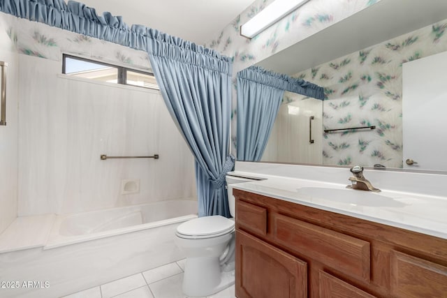 full bathroom with vanity, tile patterned flooring, shower / bathtub combination with curtain, and toilet