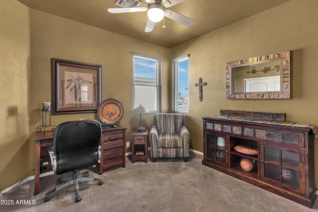 office area featuring carpet flooring and ceiling fan