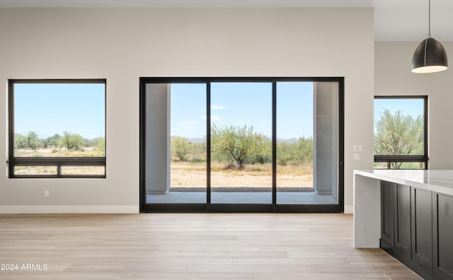 doorway to outside featuring baseboards and light wood-style floors