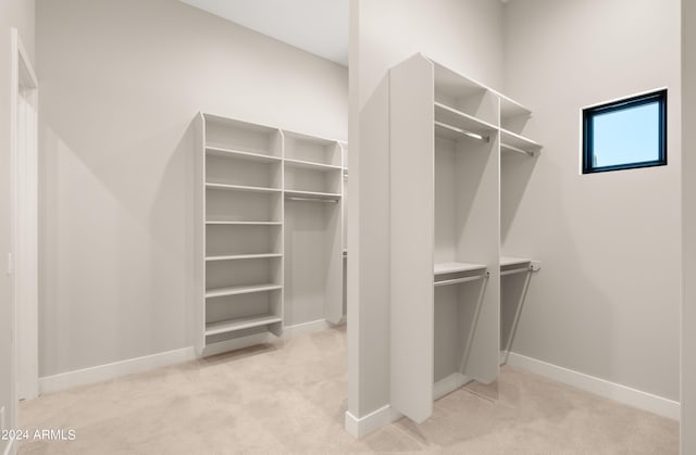 walk in closet with light colored carpet