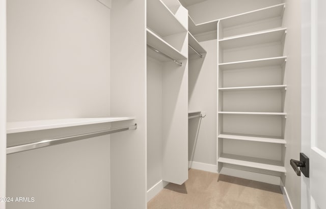 walk in closet featuring light colored carpet