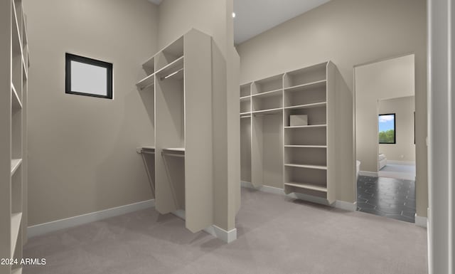 walk in closet with light carpet