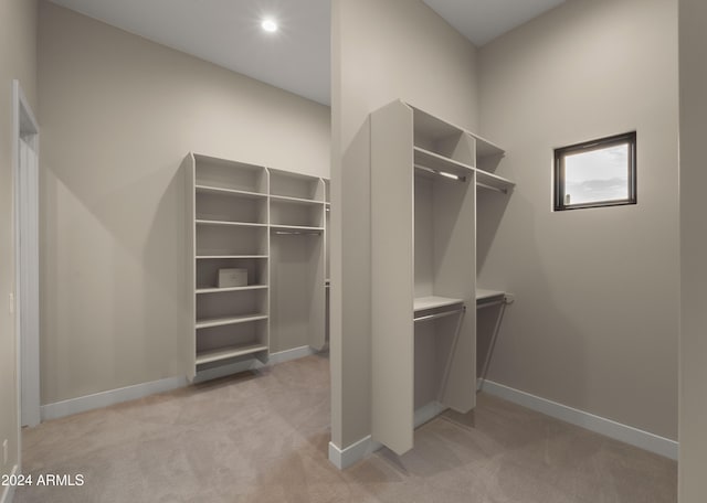 walk in closet with light carpet