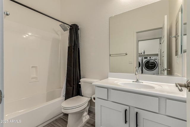2716 S Chatsworth, Mesa, AZ 85209 - full bathroom with washing machine and dryer, shower / bath combination with curtain, vanity, and wood finished floors