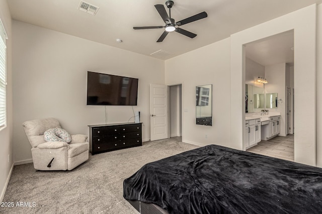 2716 S Chatsworth, Mesa, AZ 85209 - bedroom featuring light colored carpet, ensuite bath, and ceiling fan
