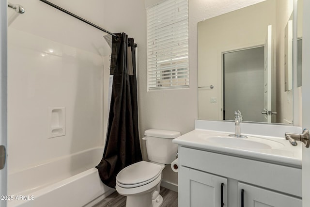 2716 S Chatsworth, Mesa, AZ 85209 - bathroom with vanity, shower / tub combo with curtain, and wood finished floors