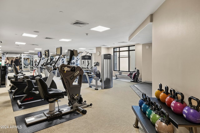 gym featuring light carpet