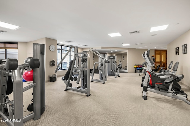 workout area with light carpet