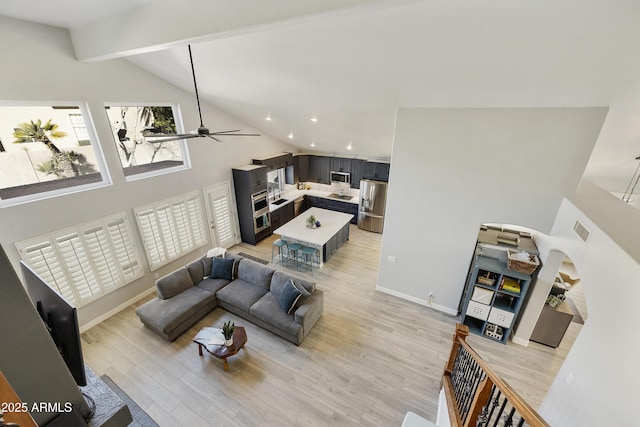 living room with baseboards, visible vents, light wood-type flooring, high vaulted ceiling, and recessed lighting