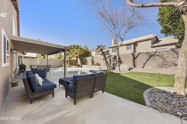 view of patio with a fenced backyard, outdoor lounge area, and a fenced in pool