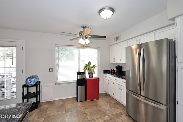 1640 W Gail Dr, Chandler, AZ 85224 - kitchen featuring freestanding refrigerator, a ceiling fan, white cabinetry, and plenty of natural light