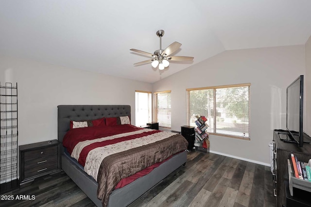 1640 W Gail Dr, Chandler, AZ 85224 - bedroom with lofted ceiling, dark wood finished floors, baseboards, and ceiling fan